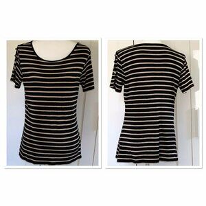 Cable & Gauge Shirt Large Black Tan Stripe Stretch Knit Button Detail On Sleeves
